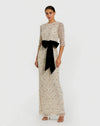 Mac Duggal Ivory 3/4 Sleeve Embellished Column Gown with Velvet Bow Belt - Oyster Black #94166 