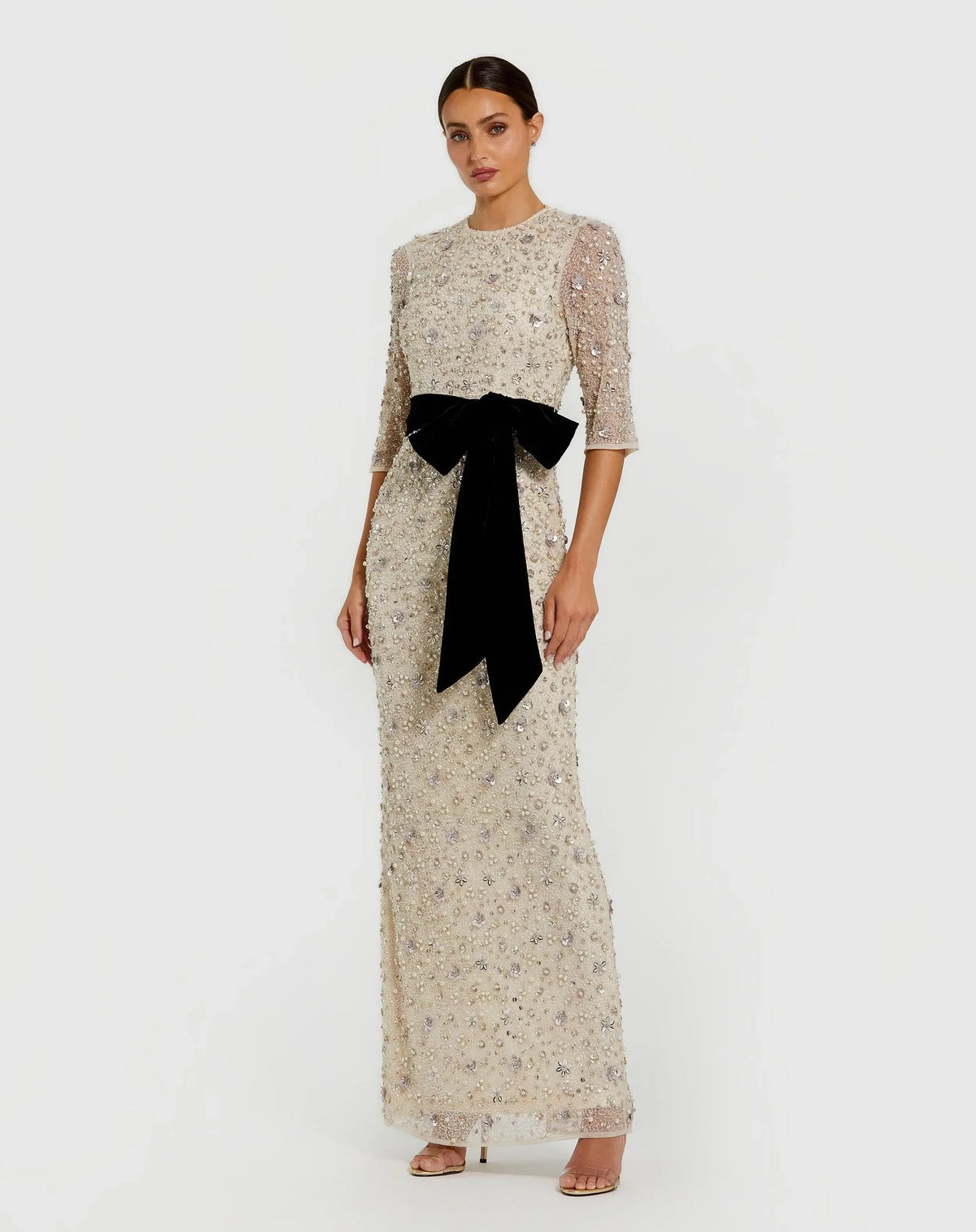 Mac Duggal Ivory 3/4 Sleeve Embellished Column Gown with Velvet Bow Belt - Oyster Black #94166 