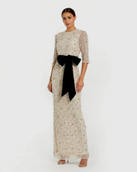 Mac Duggal Ivory 3/4 Sleeve Embellished Column Gown with Velvet Bow Belt - Oyster Black #94166 