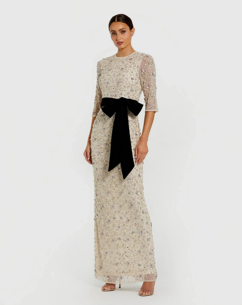 Mac Duggal Ivory 3/4 Sleeve Embellished Column Gown with Velvet Bow Belt - Oyster Black #94166 