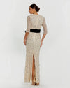 Ivory Embellished Column Gown Velvet Bow Belt - Oyster Black