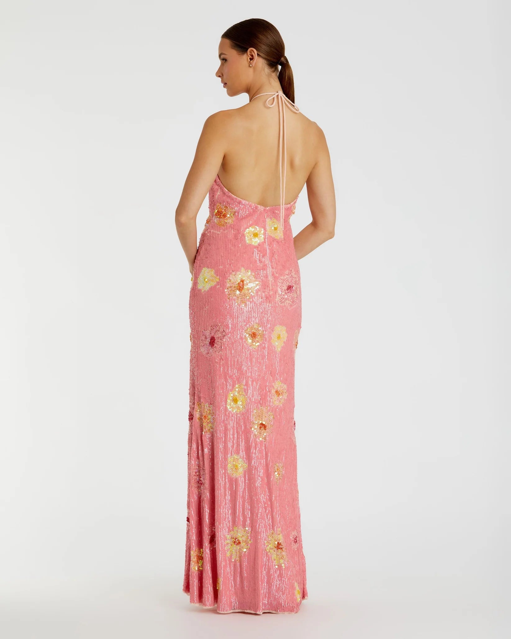 Mac Duggal Floral Beaded Halter Gown with 3D Flower #94175 Pink Lemonade