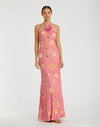 Mac Duggal Floral Beaded Halter Gown with 3D Flower #94175 Pink Lemonade
