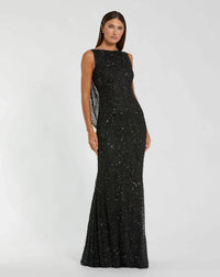 Black Beaded Open Back Column Gown