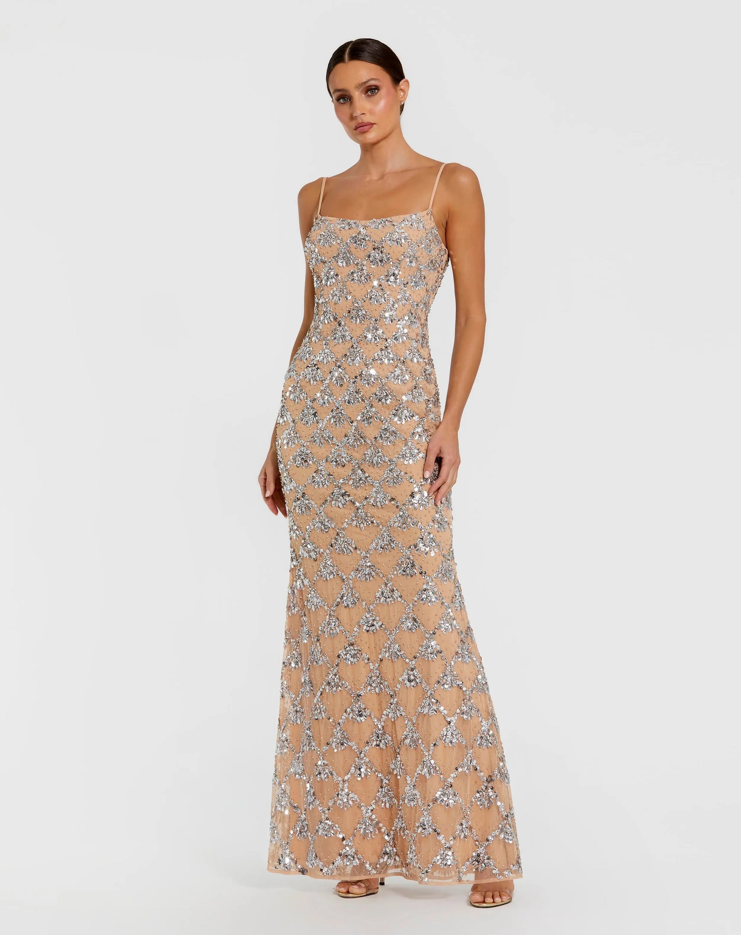 Nude Sleeveless Rhinestone Embellished Gown