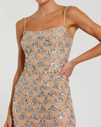 Nude Sleeveless Rhinestone Embellished Gown - Close Up