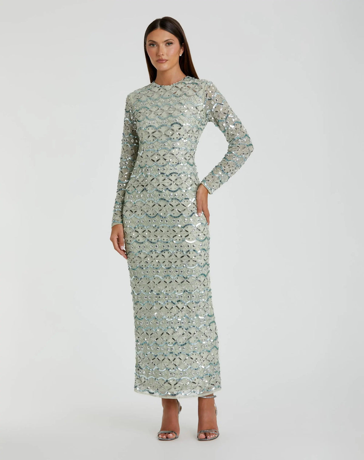 Mac Duggal #94194 jade high neck long sleeve embellished column dress - front