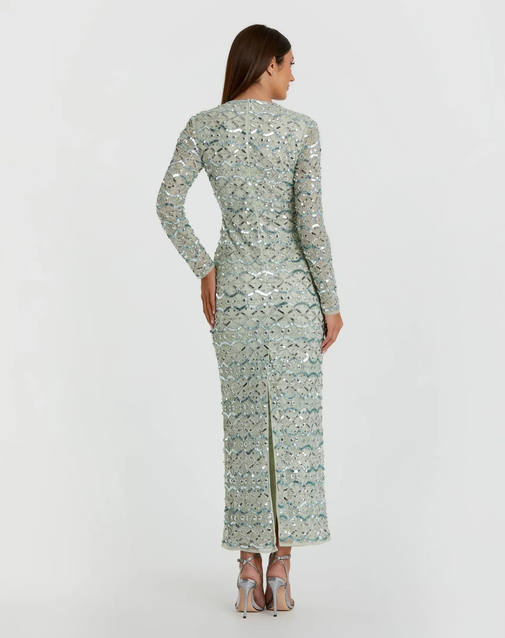 Mac Duggal #94194 jade high neck long sleeve embellished dress - back view