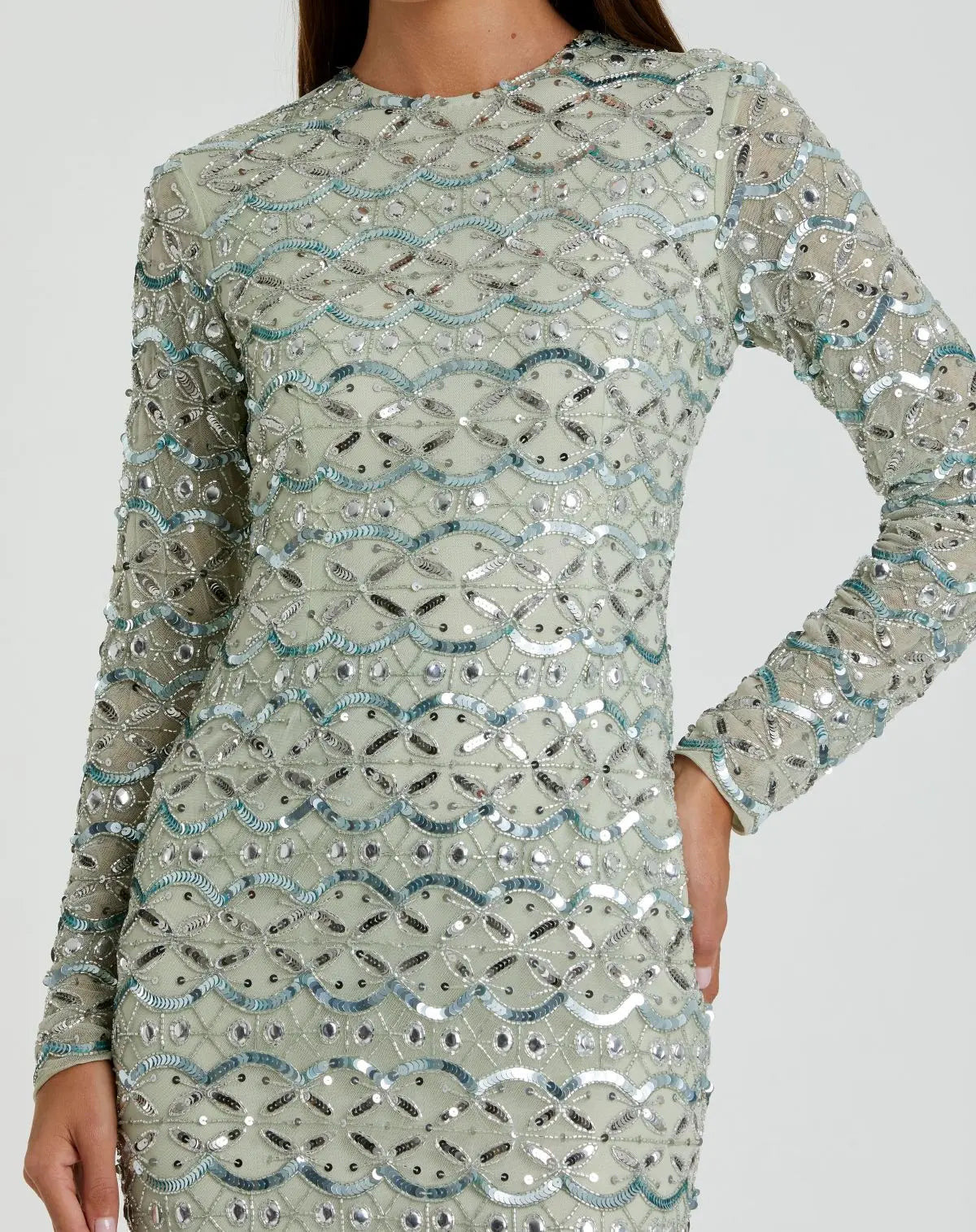 Mac Duggal #94194 jade high neck long sleeve embellished dress - close up detail