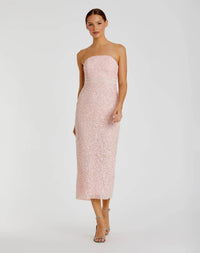 Mac Duggal 94200 Blush Pink Strapless Sequin Column Midi Dress with Beaded Waist Detail