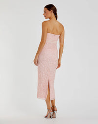 Mac Duggal 94200 Blush Pink Strapless Sequin Column Midi Dress with Beaded Waist Detail