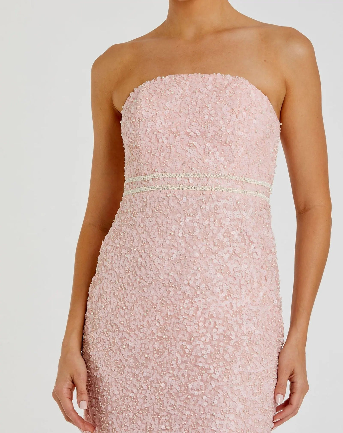 Mac Duggal 94200 Blush Pink Strapless Sequin Column Midi Dress with Beaded Waist Detail