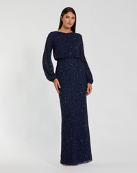 Mac Duggal 94203 Navy sequin blouson long sleeve gown - front