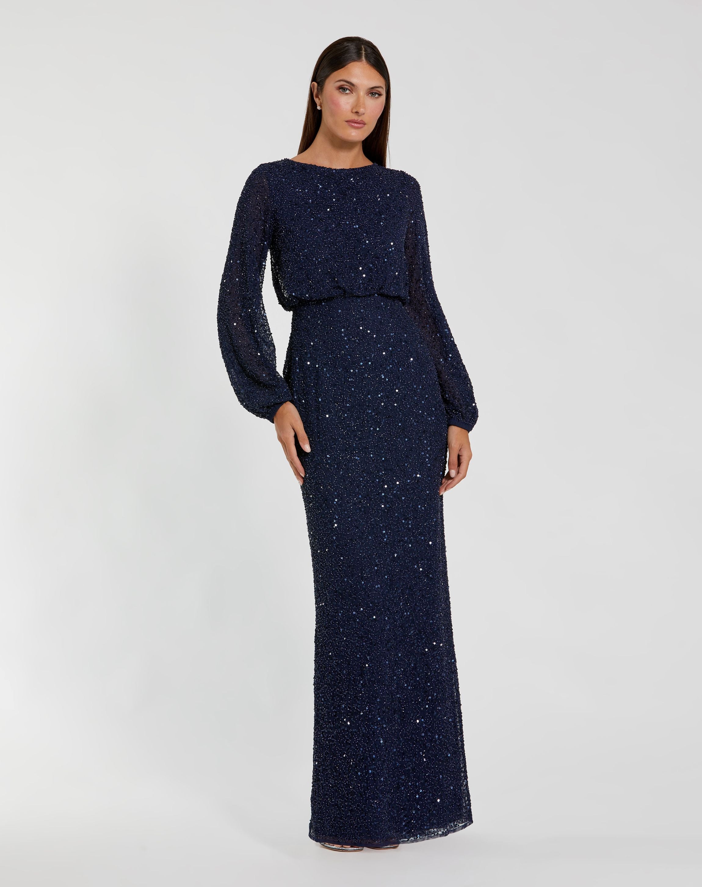 Mac Duggal 94203 Navy sequin blouson long sleeve gown - front