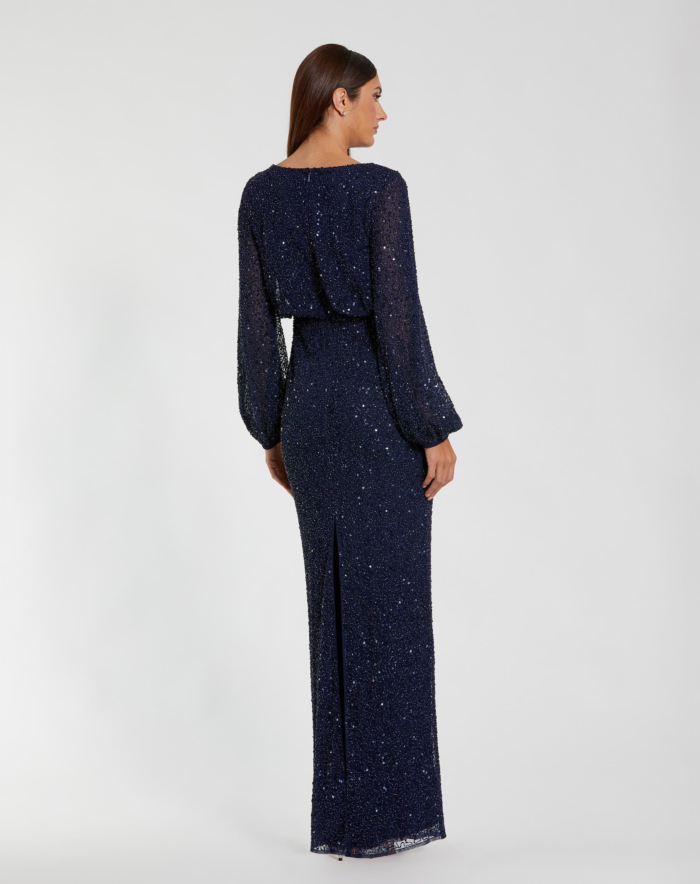 Mac Duggal 94203 Navy sequin blouson long sleeve gown - back