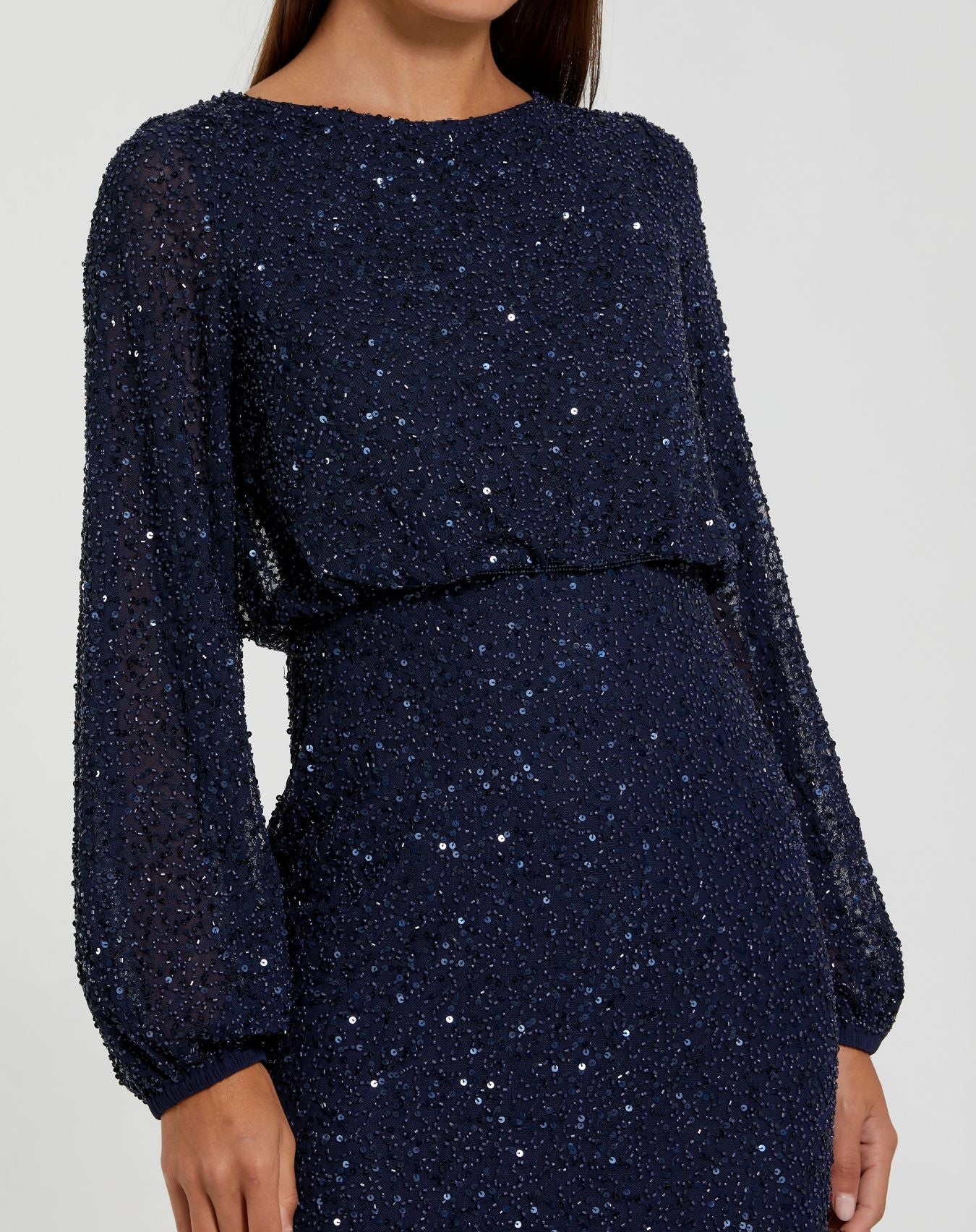 Mac Duggal 94203 Navy sequin blouson long sleeve gown - detail