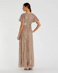 Mac Duggal Beige Embellished Short Sleeve Empire Waist Gown Taupe #94204