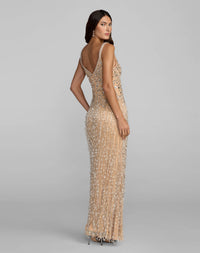 Back view of silver nude beaded column gown with V-back and concealed zipper.