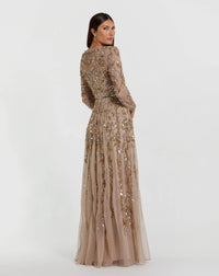 Beige Long Sleeve Hand Embellished Gown - Back