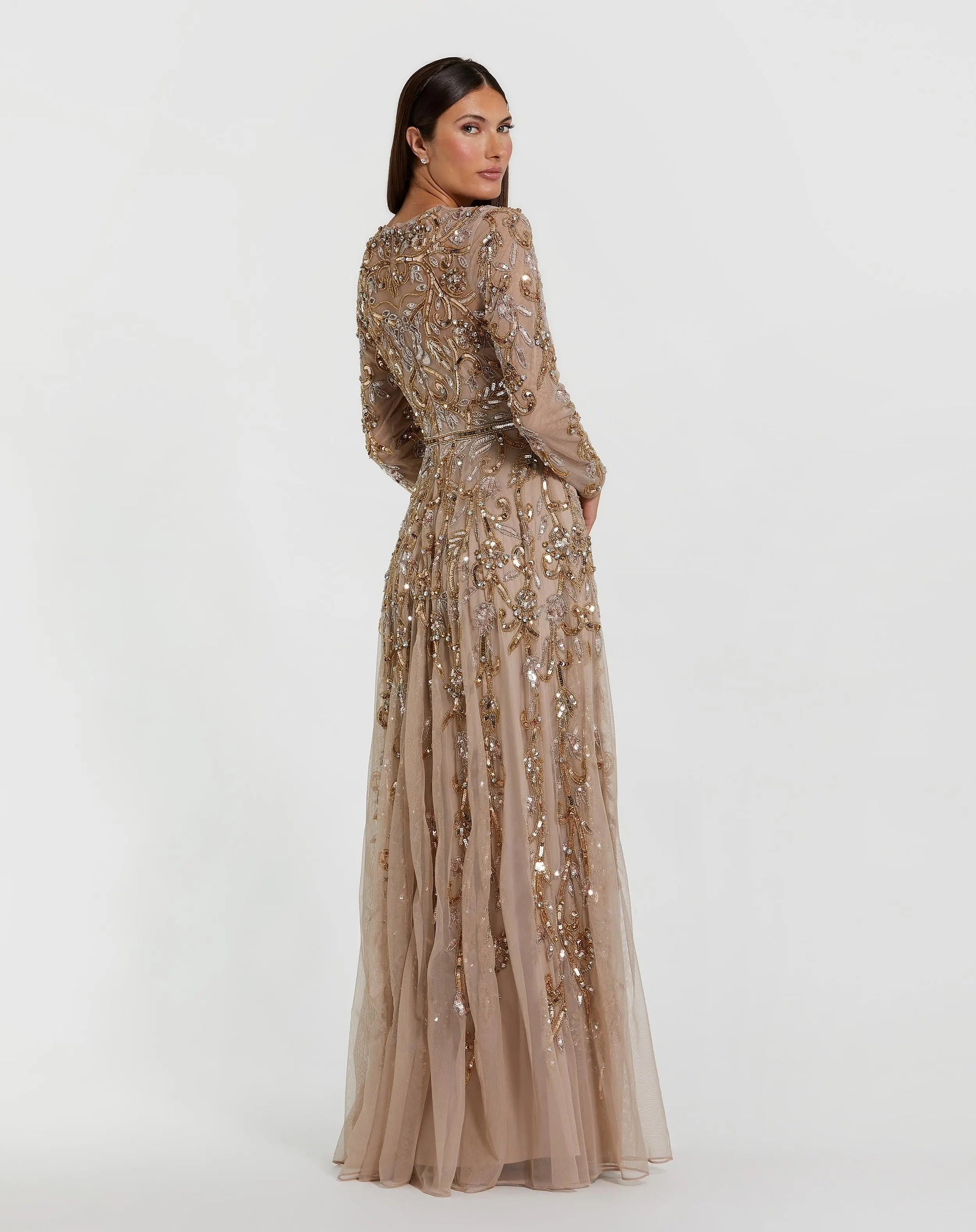 Beige Long Sleeve Hand Embellished Gown - Back