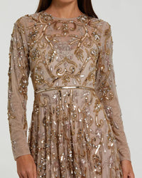 Beige Long Sleeve Hand Embellished Gown - Close Up
