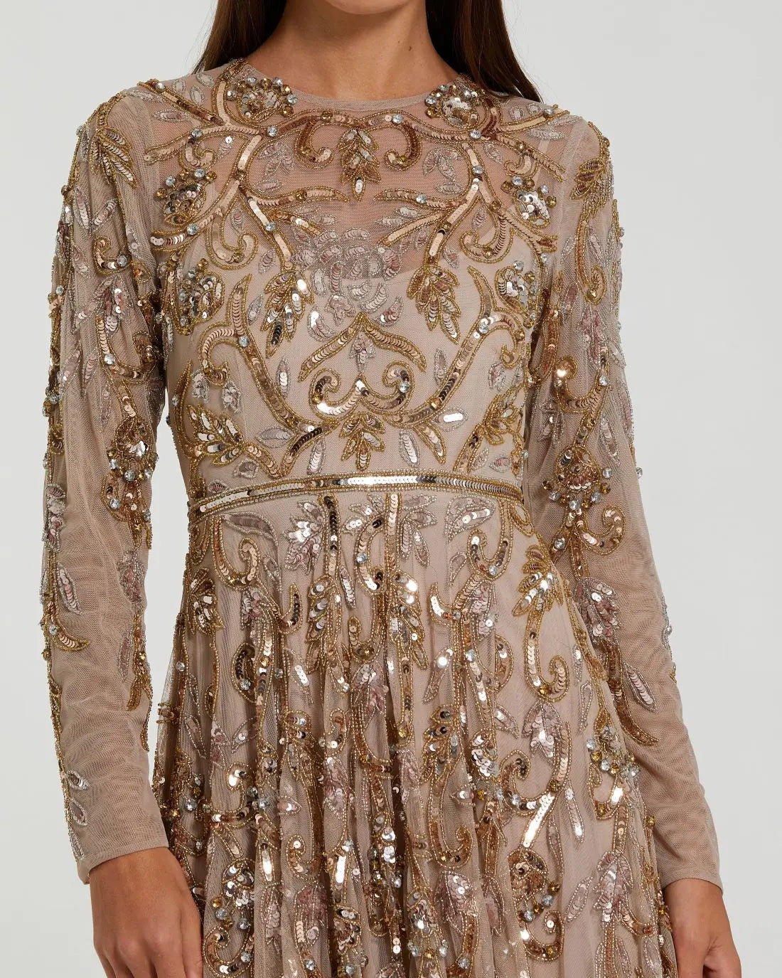 Beige Long Sleeve Hand Embellished Gown - Close Up