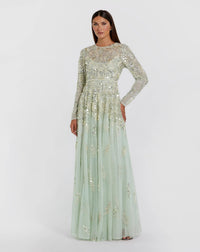 Mac Duggal 94215 Sage pearl embellished long sleeve gown - front