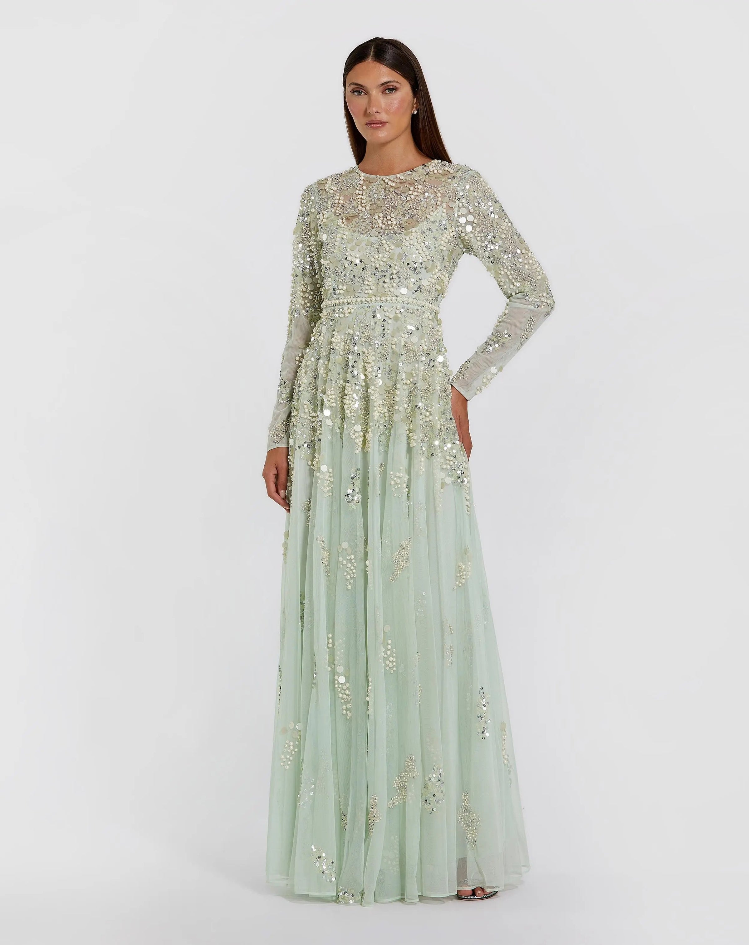 Mac Duggal 94215 Sage pearl embellished long sleeve gown - front