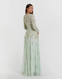 Mac Duggal 94215 Sage pearl embellished long sleeve gown - back