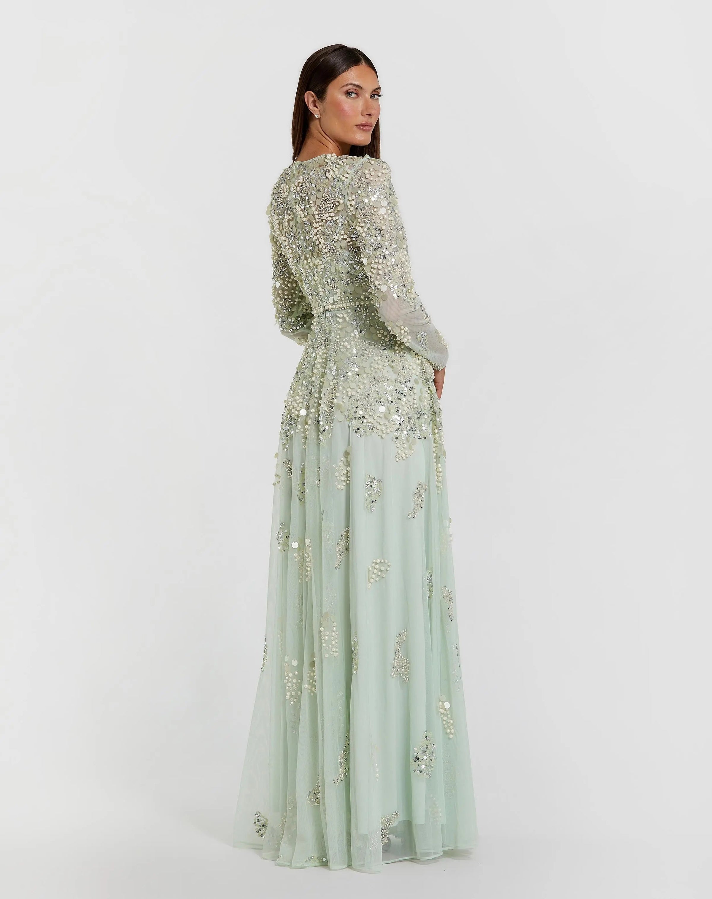 Mac Duggal 94215 Sage pearl embellished long sleeve gown - back