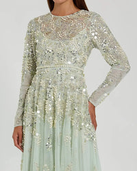 Mac Duggal 94215 Sage pearl embellished long sleeve gown - detail