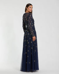 Navy Long Sleeve Crystal Embellished Evening Gown - Back