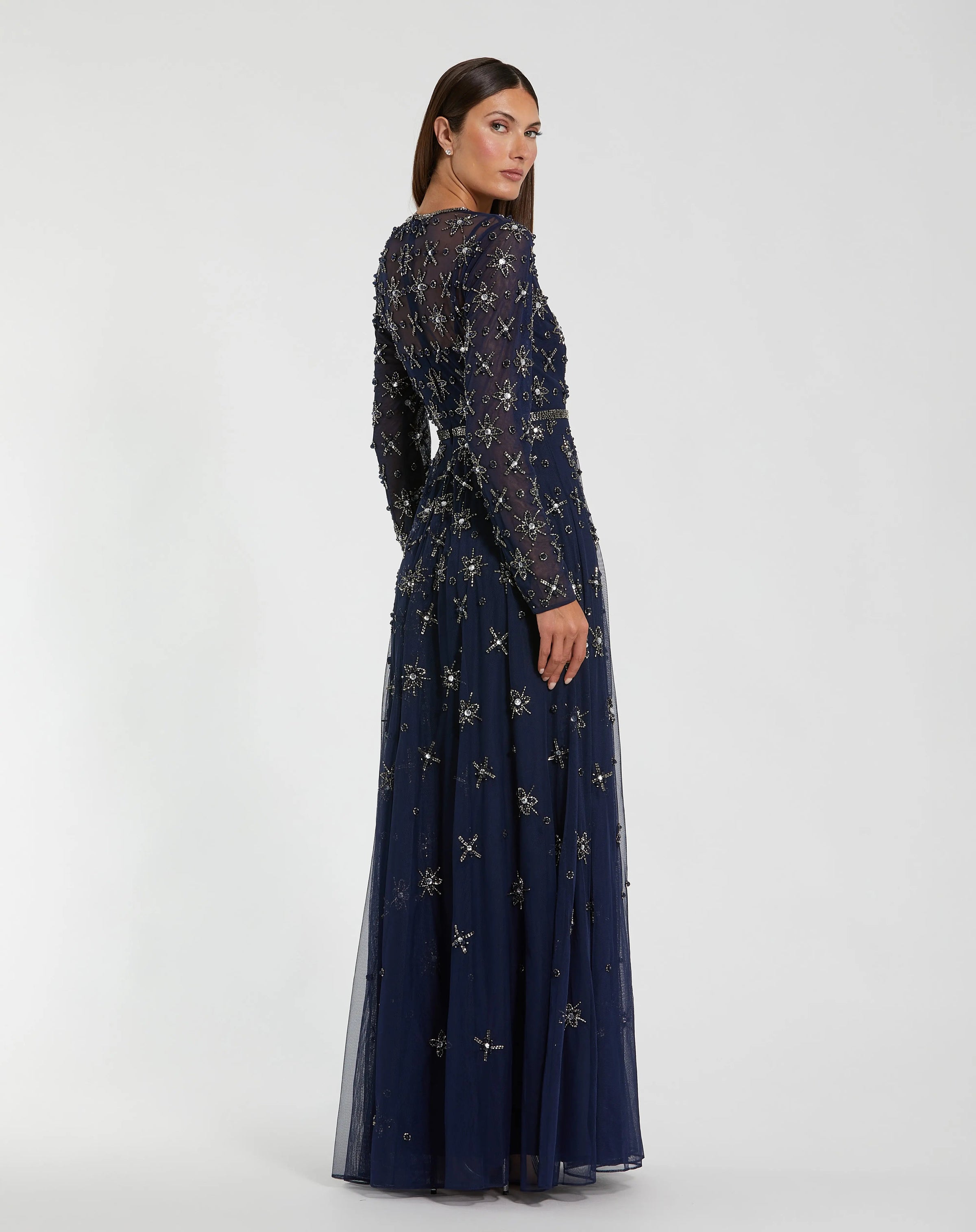 Navy Long Sleeve Crystal Embellished Evening Gown - Back