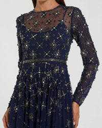 Navy Long Sleeve Crystal Embellished Evening Gown - Close Up