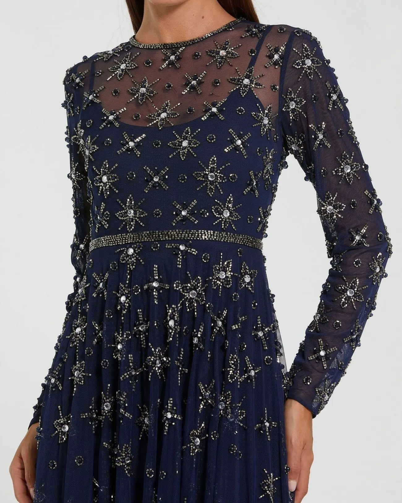 Navy Long Sleeve Crystal Embellished Evening Gown - Close Up