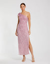 Mac Duggal Pink One Shoulder Beaded Mesh Dress With Flower #94221 Orchid
