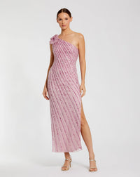 Mac Duggal Pink One Shoulder Beaded Mesh Dress With Flower #94221 Orchid