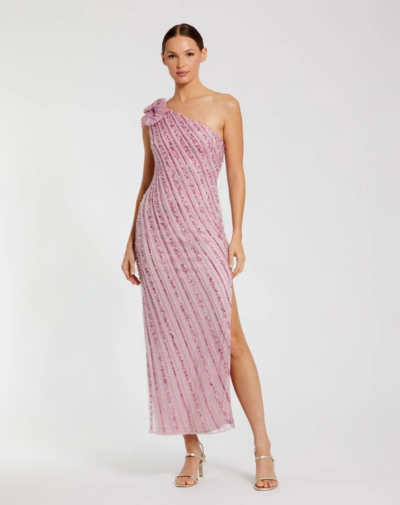 Mac Duggal Pink One Shoulder Beaded Mesh Dress With Flower #94221 Orchid