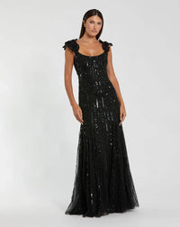 Mac Duggal Black Embellished Sleeveless Gown With Floral Shoulder Detail #94223