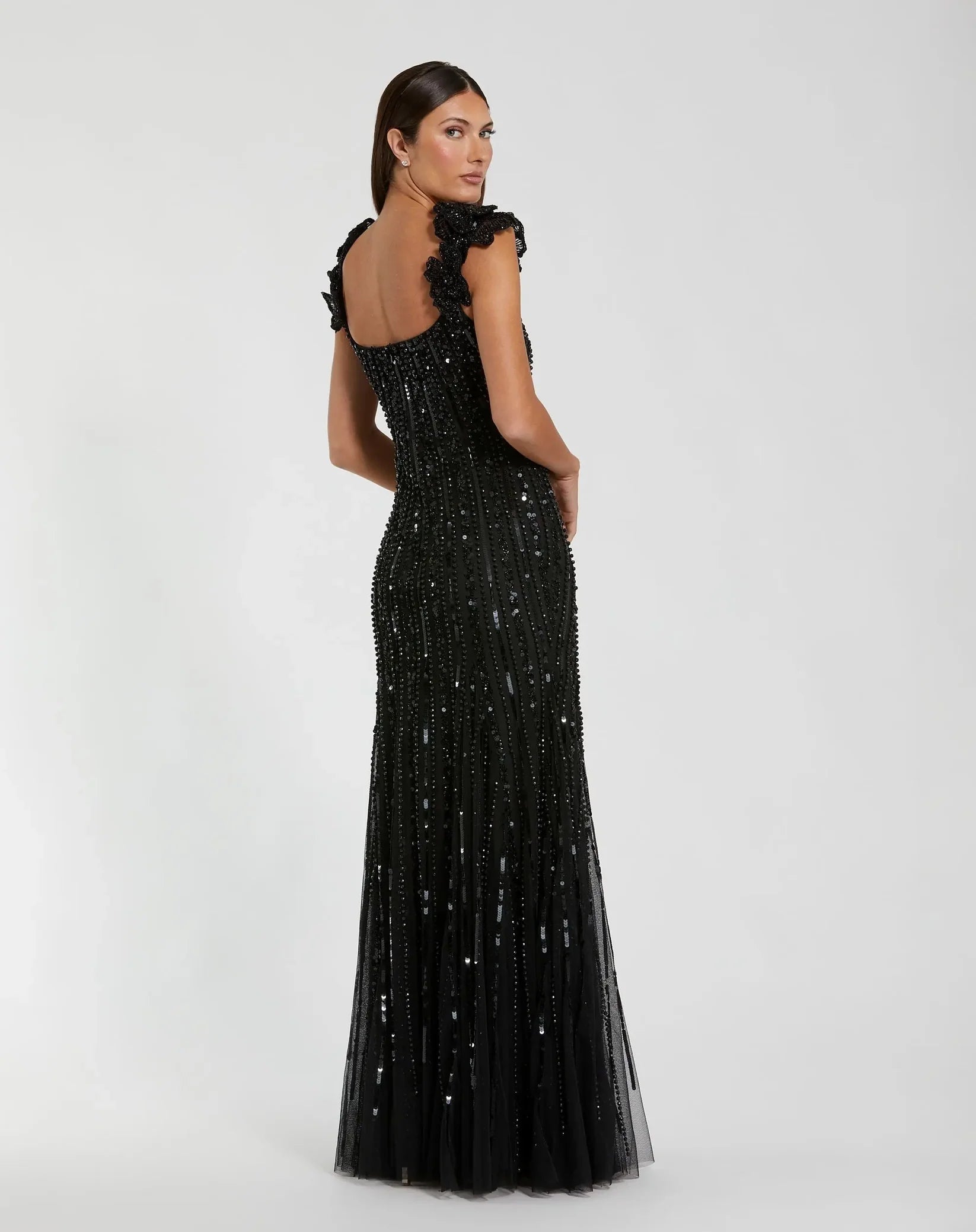 Mac Duggal Black Embellished Sleeveless Gown With Floral Shoulder Detail #94223