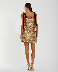 Mac Duggal #94233 gold bow strap sequin mini dress back view