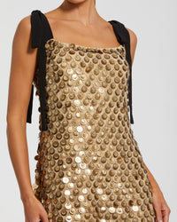Mac Duggal #94233 gold bow strap sequin mini dress close-up