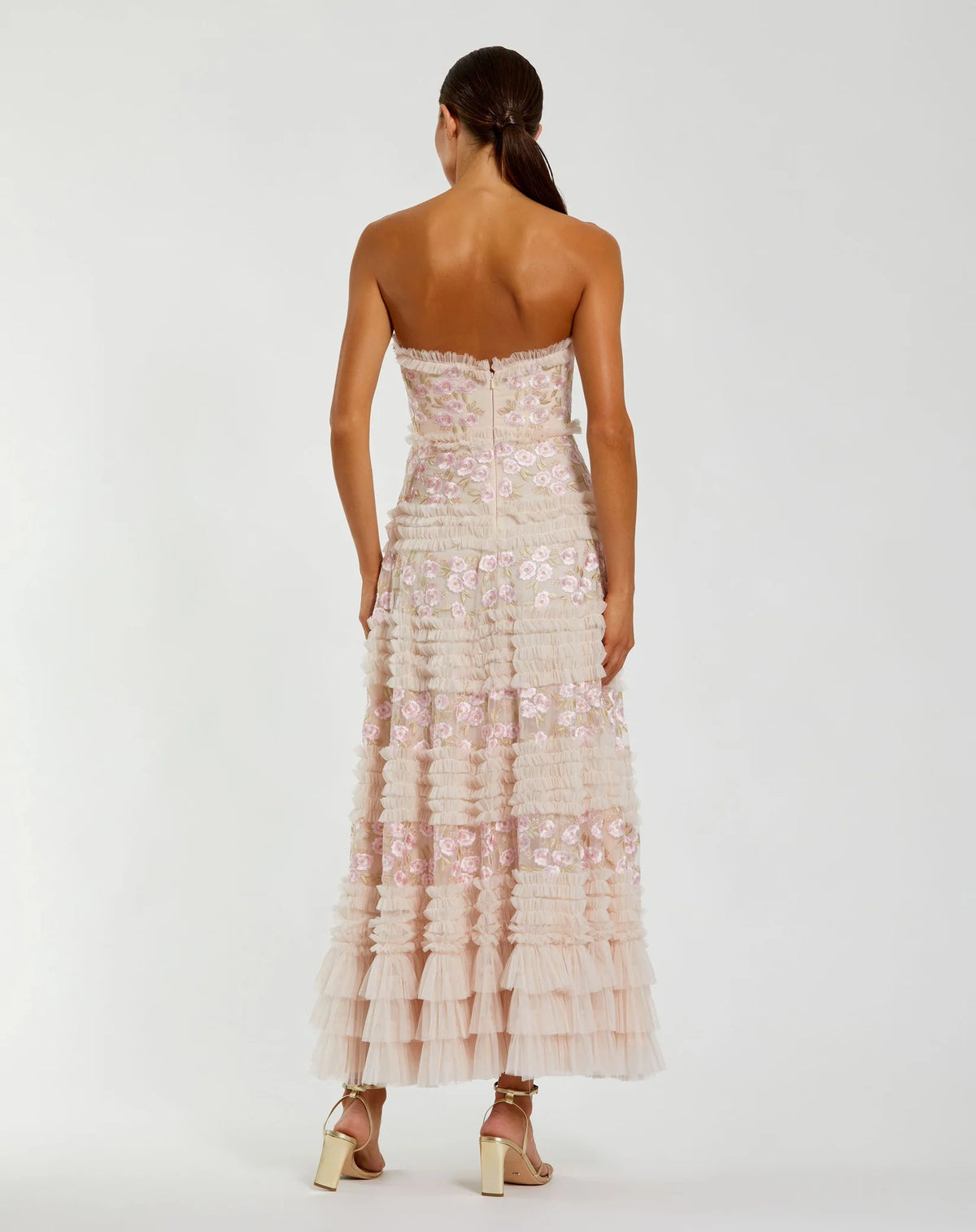 Mac Duggal Pink Floral Embroidered Strapless Ruffle Maxi Dress #94252 Blush Multi