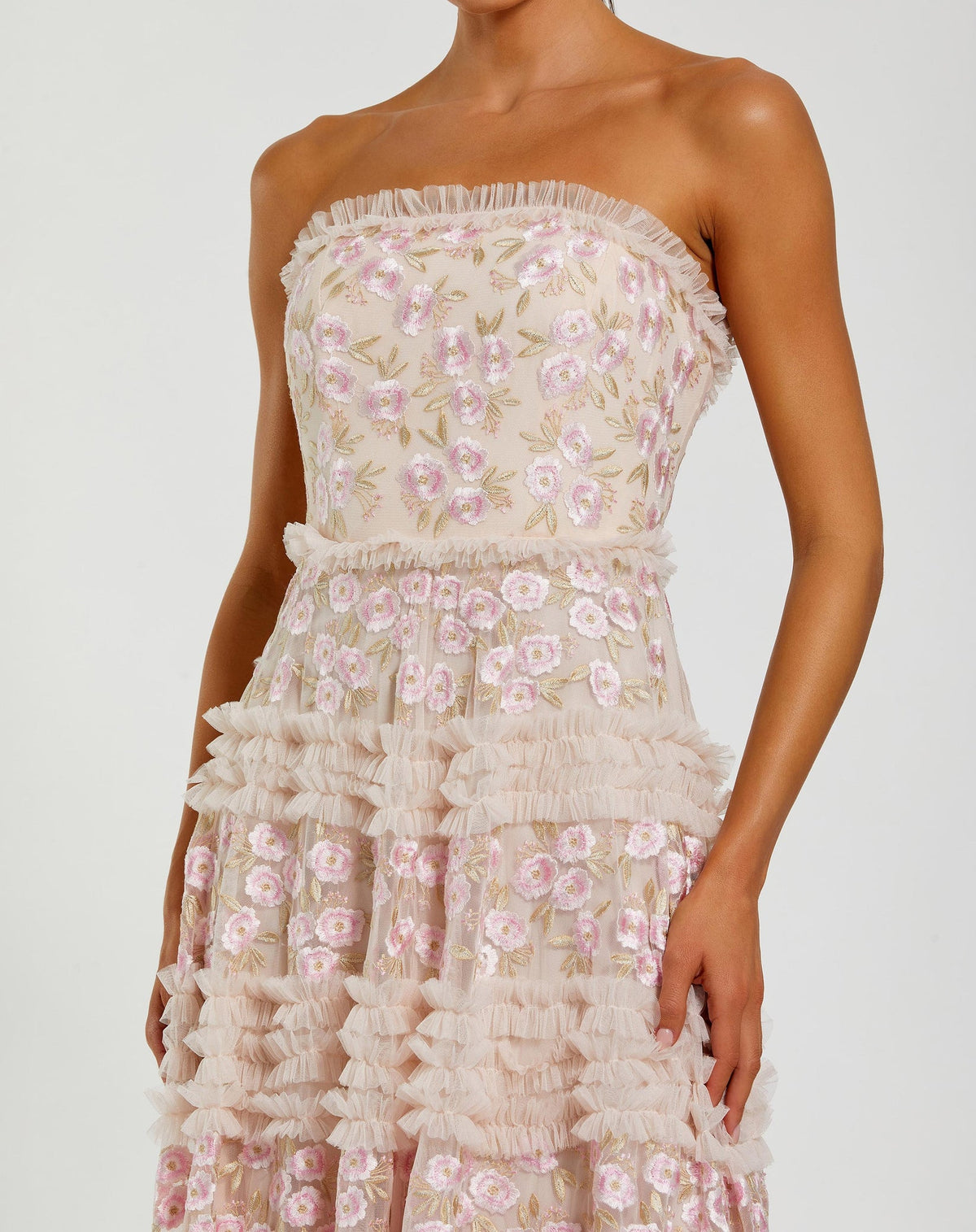 Mac Duggal Pink Floral Embroidered Strapless Ruffle Maxi Dress #94252 Blush Multi