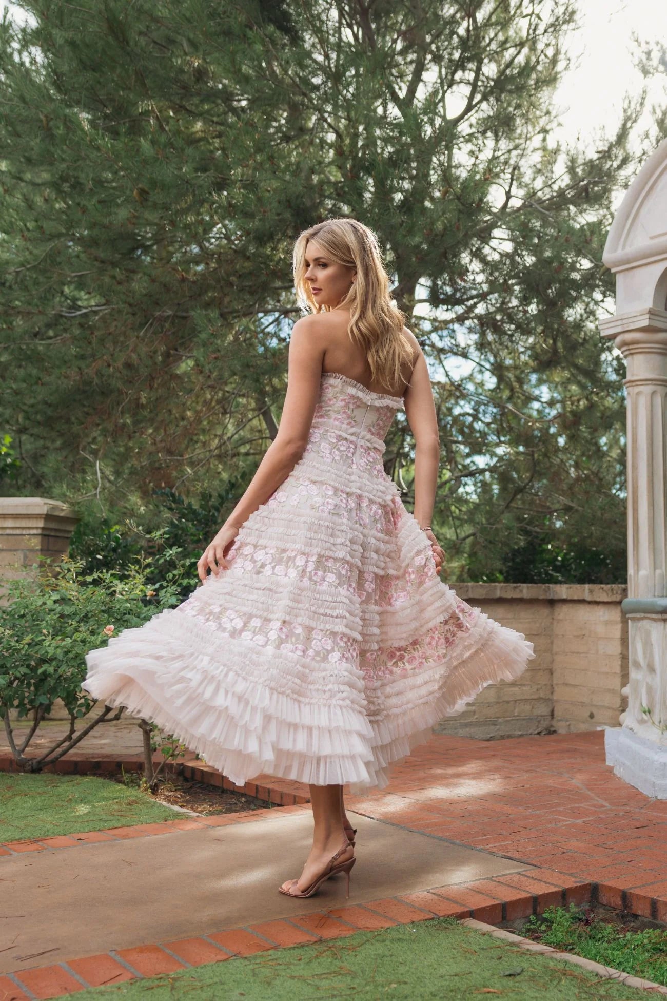 Mac Duggal Pink Floral Embroidered Strapless Ruffle Maxi Dress #94252 Blush Multi