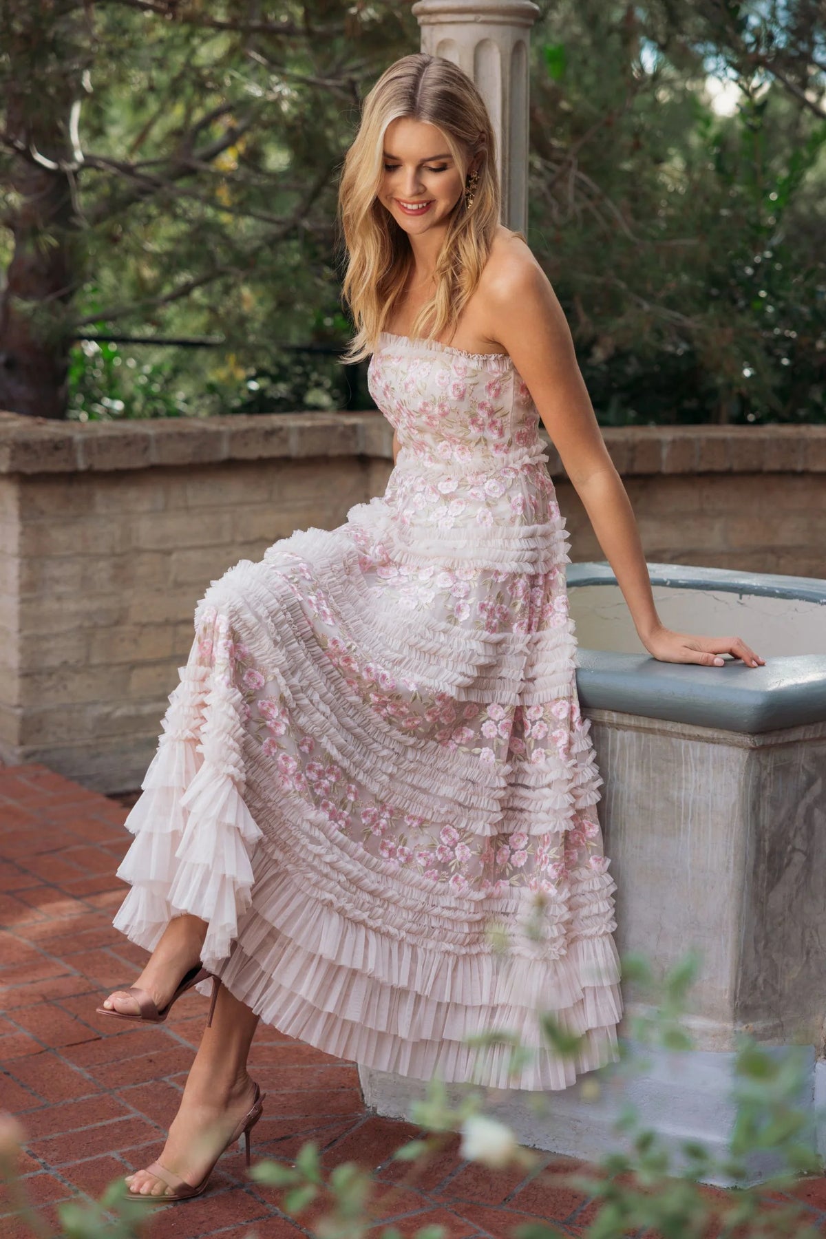 Mac Duggal Pink Floral Embroidered Strapless Ruffle Maxi Dress #94252 Blush Multi