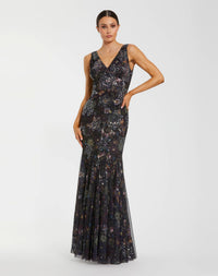 Mac Duggal #94260 Black Multi embellished floral sleeveless V-back gown