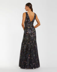 Mac Duggal #94260 Black Multi embellished floral sleeveless V-back gown