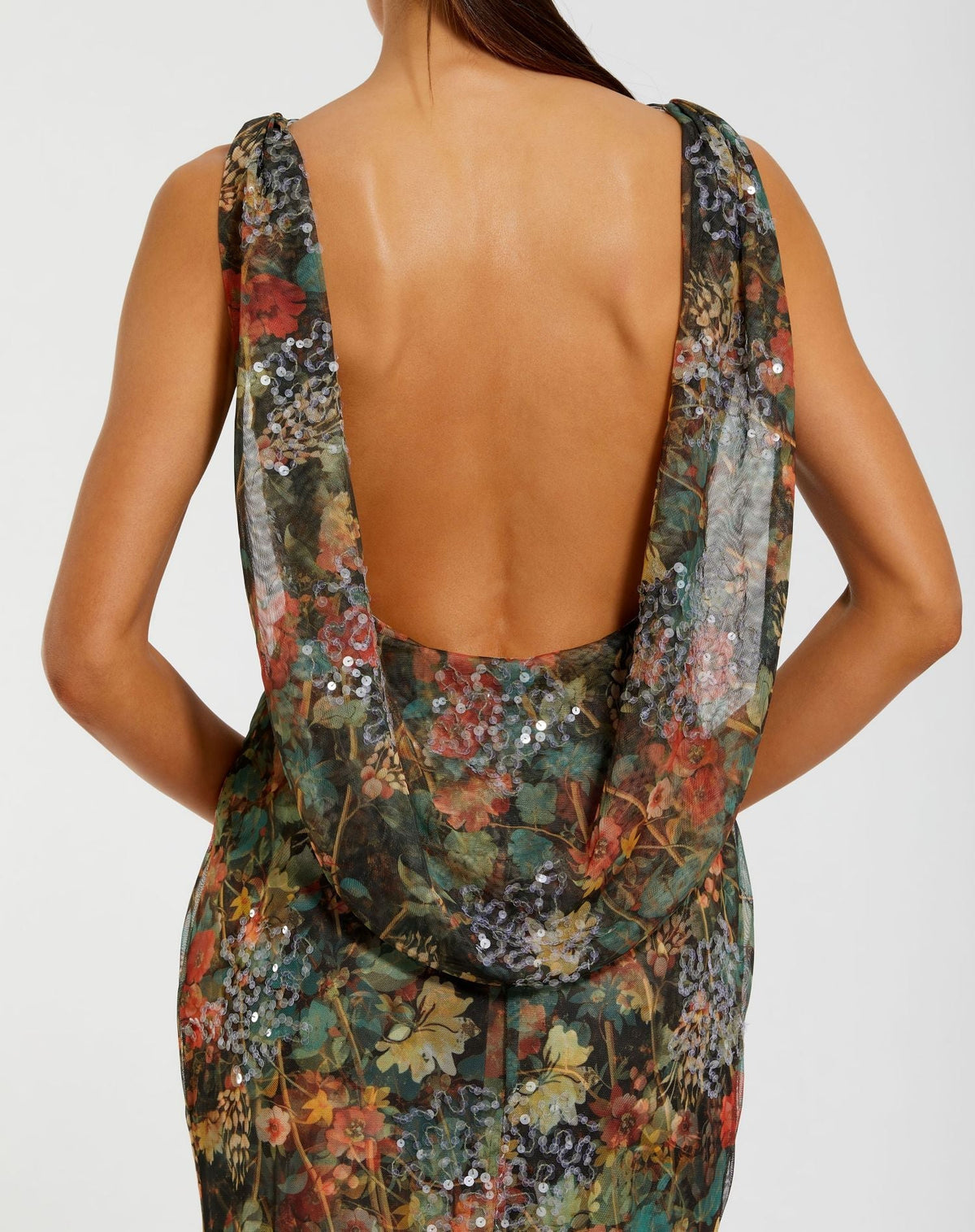 Multicolor Floral Embellished Column Gown - Charcoal