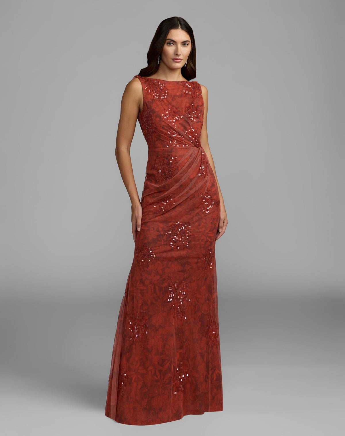 Mac Duggal #94263 red floral embellished sleeveless column gown